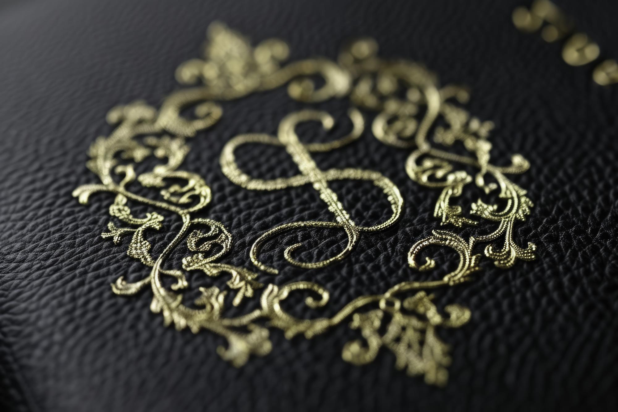 Monogram haftowany złotą nicią na aksamicie